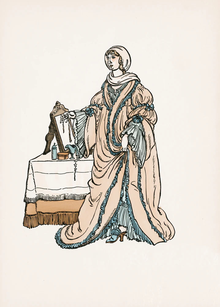 An illustration of a woman in a beige dress